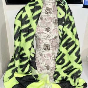 Victoria's Secret PINK Neon Throw Scarf Yellow Green Black Logo Fringe 27x88 EUC